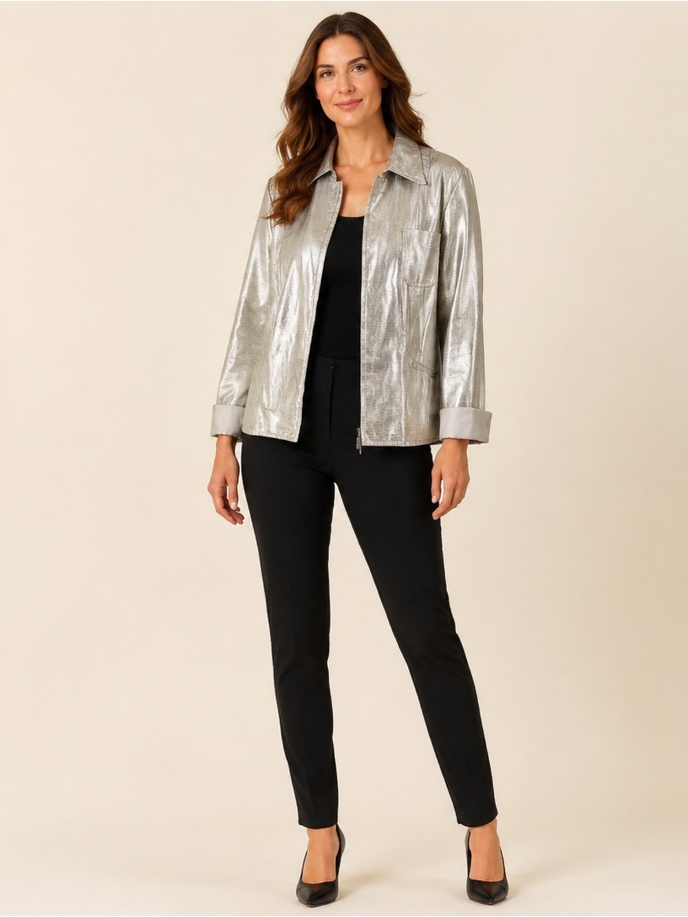 Vintage Apriori Escada Metallic Silver Linen Embossed Reptile Jacket Size 16